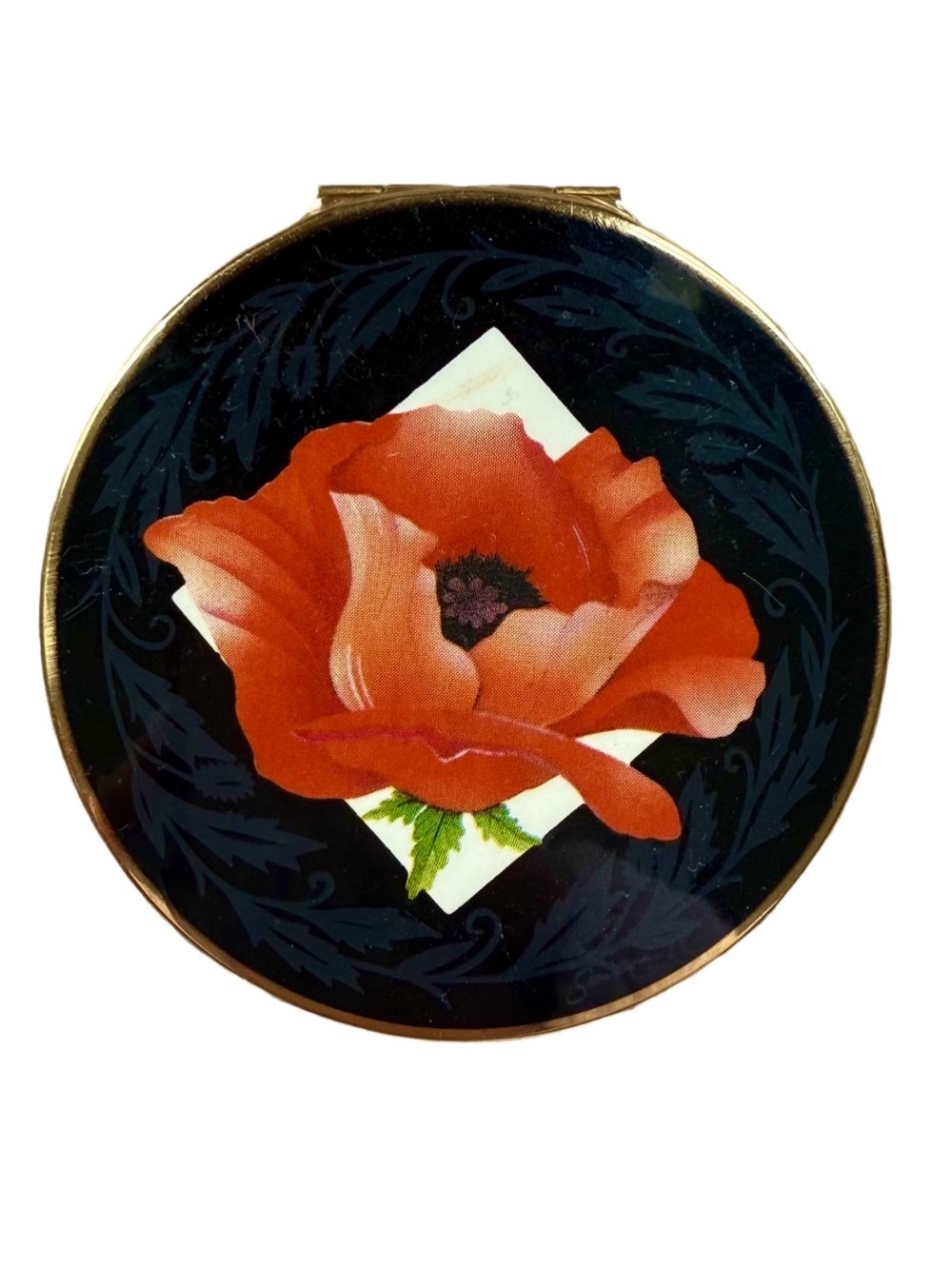 Vintage Mid Century Stratton Black Enamel Scarlet Poppy Round Mirrored Compact